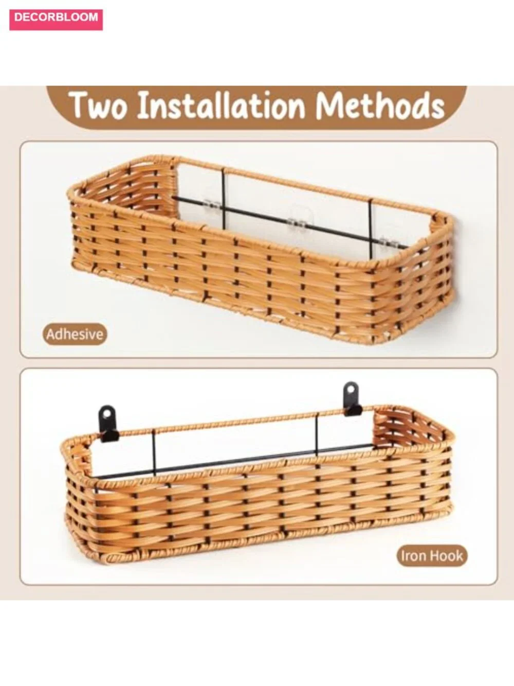 2-Pack Adhesive Wall-Mounted Wicker Baskets, Plastic Storage Organizer for